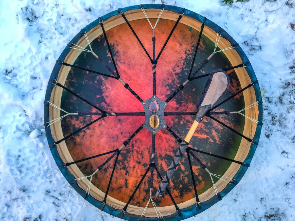 26" Buffalo Shaman  Drum, Cherry wood,Nordic,Red Jasper and Tigers Eye Handle - Image 3