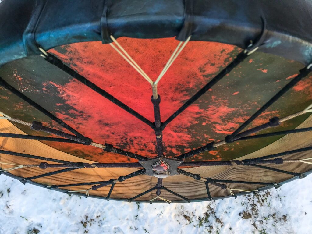 26" Buffalo Shaman  Drum, Cherry wood,Nordic,Red Jasper and Tigers Eye Handle - Image 4