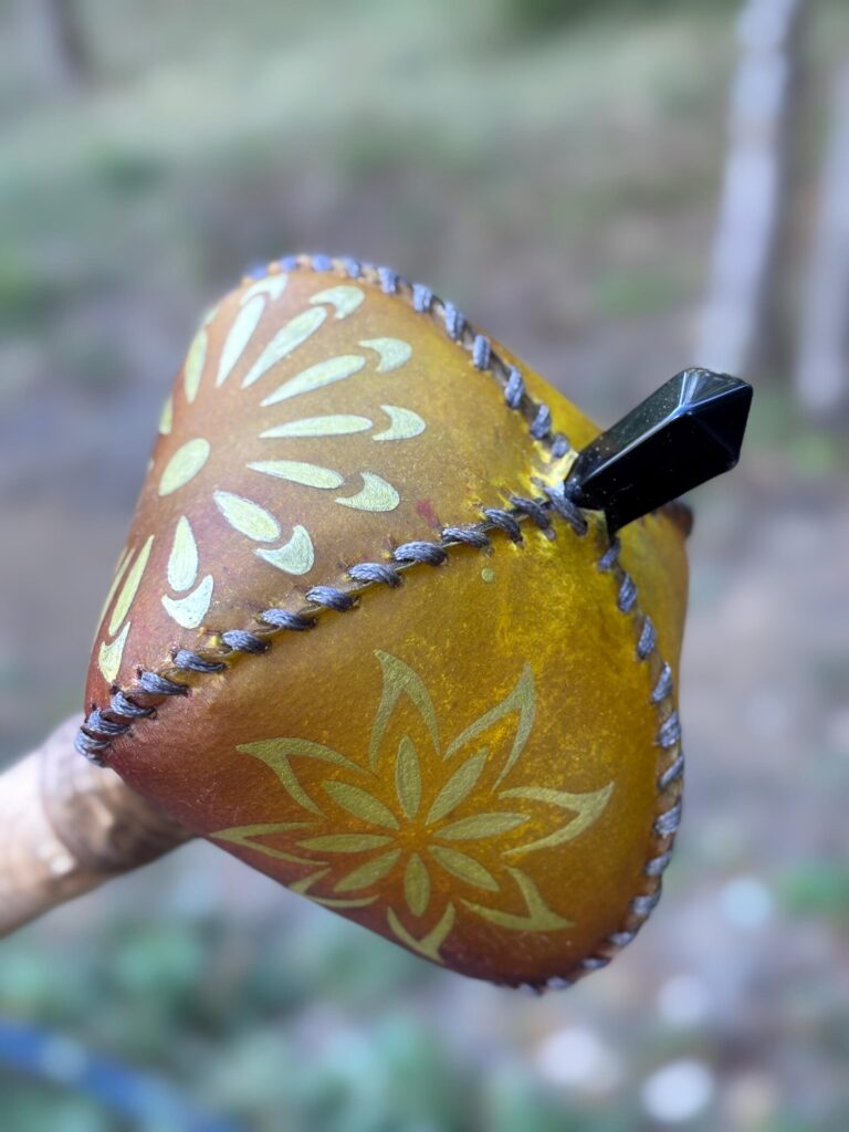 Shaman Rattle: Buffalo Skin, Willow Root,Onyx Crystal Point
