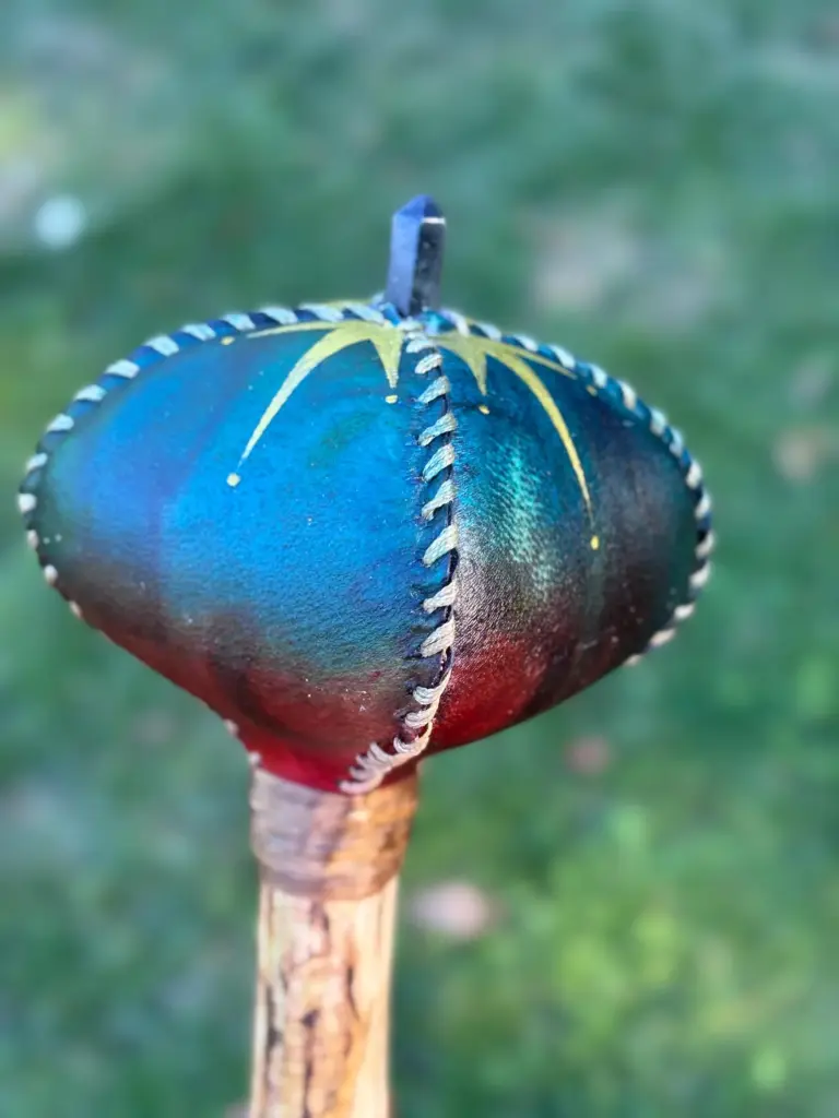 Buffalo Skin Shaman Rattle: Driftwood Handle, Labradorite Point