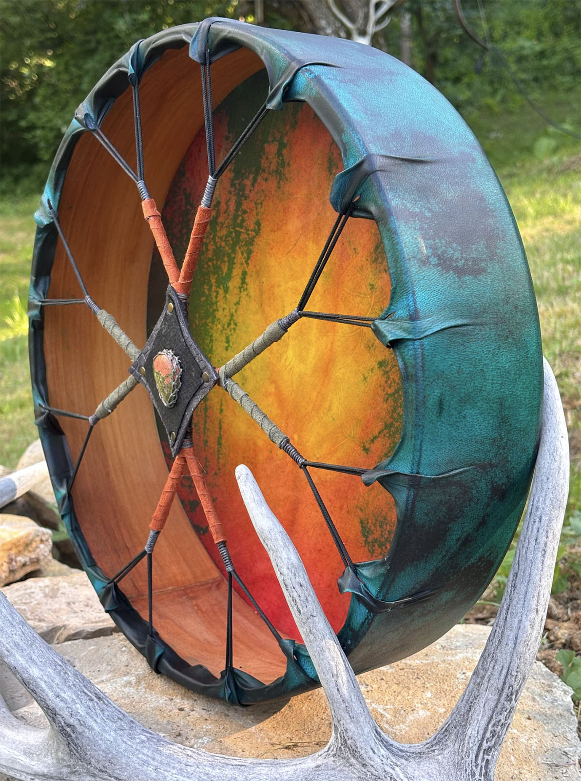 16” Ceremonial Shaman Drum — Natural Goat Hide, Cherry Wood, Unakite - Image 6