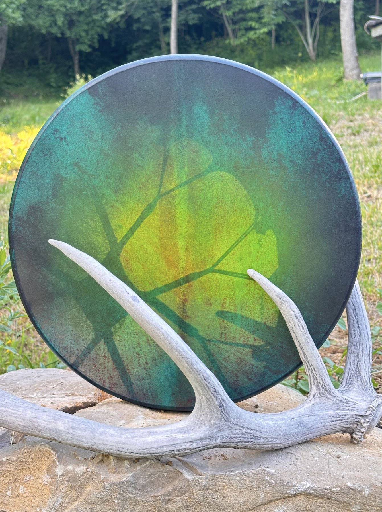 16” Ceremonial Shaman Drum — Natural Goat Hide, Cherry Wood, Unakite - Image 2