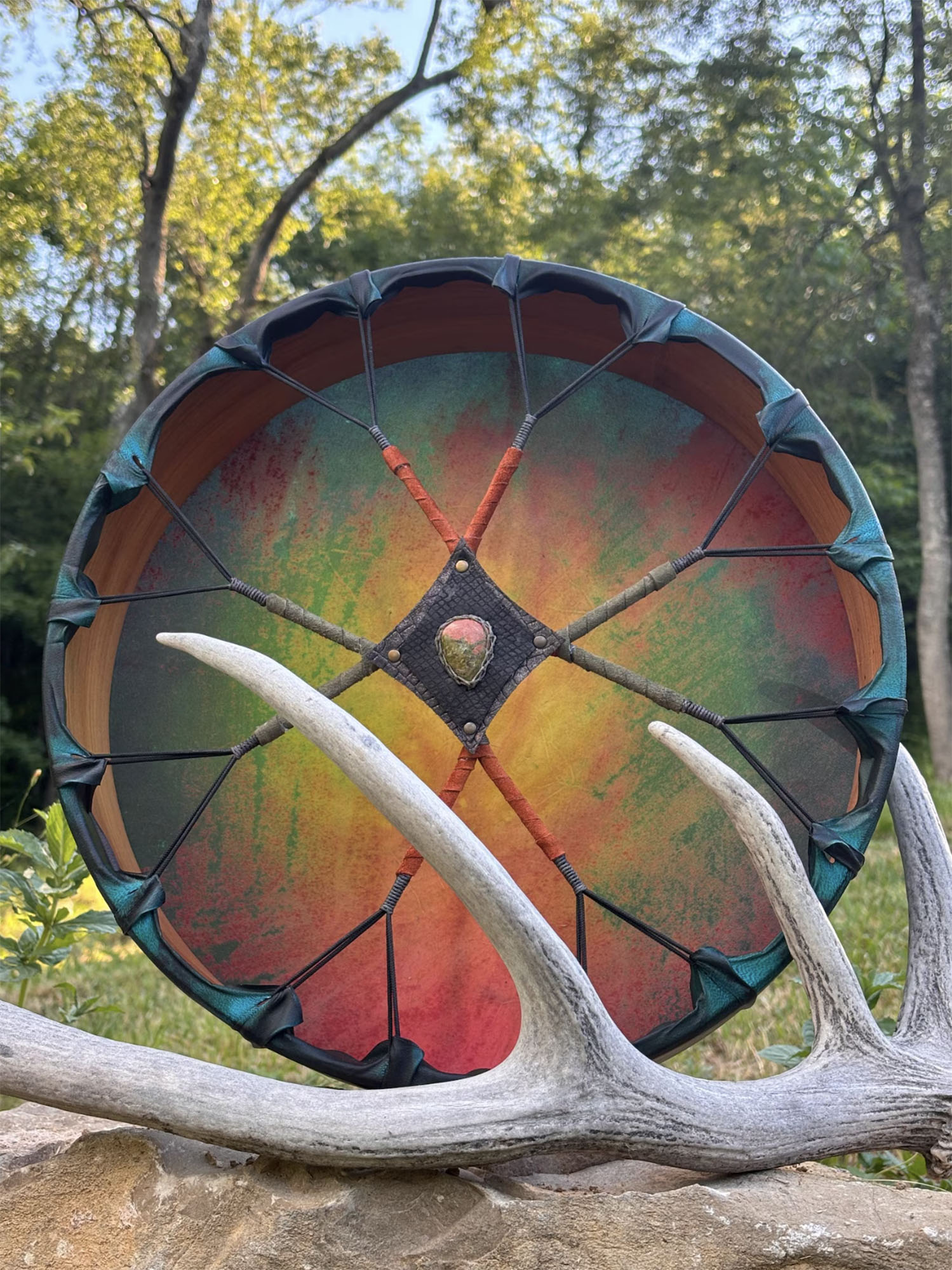 16” Ceremonial Shaman Drum — Natural Goat Hide, Cherry Wood, Unakite - Image 7