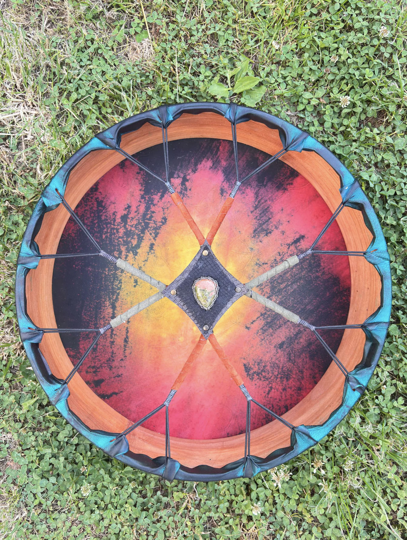 16” Ceremonial Shaman Drum — Natural Goat Hide, Cherry Wood, Unakite - Image 8