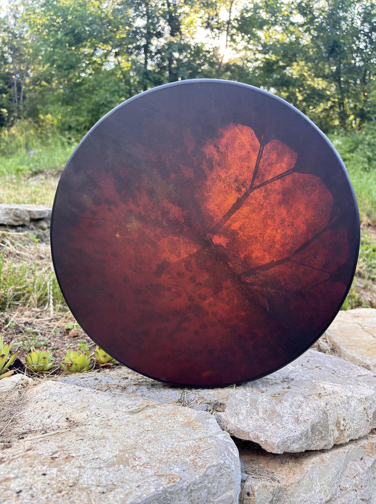 16” Ceremonial Shaman Drum — Natural Goat Hide, Cherry Wood, Carnelian - Image 4