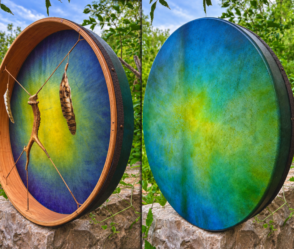 3. "Plava Laguna" 22” Shamanic Drum -Deer Antler - Owl Feathers