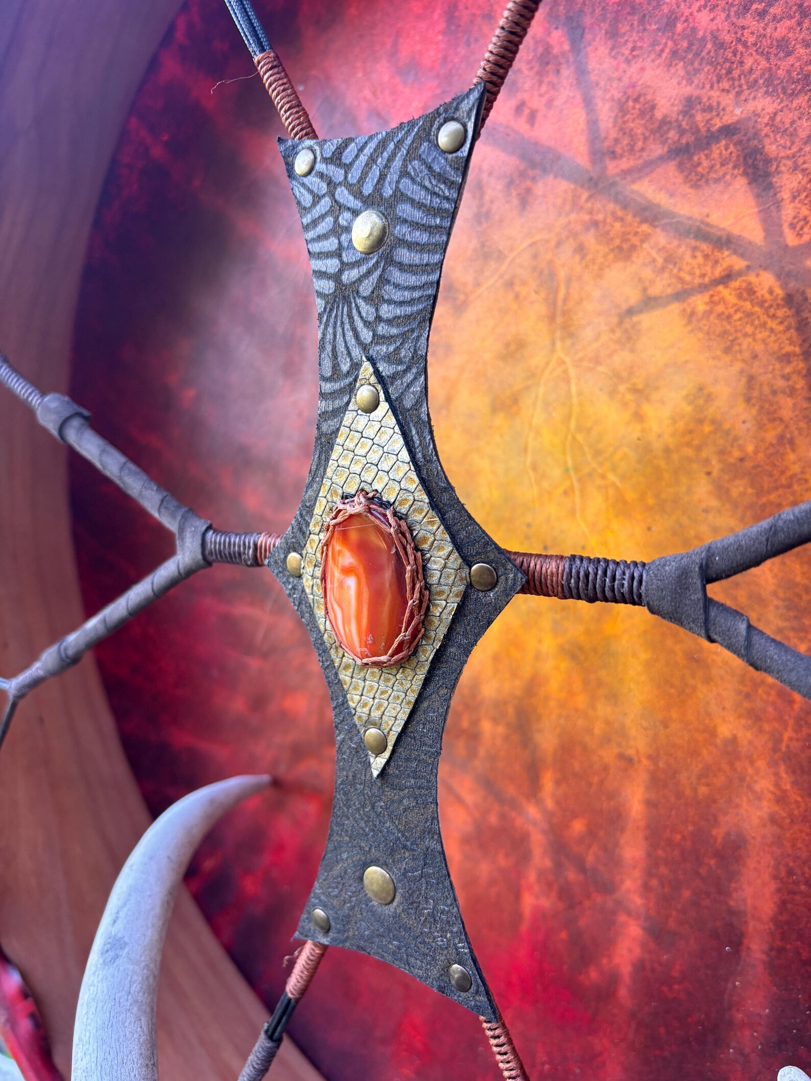 "Sun and the Moon Bind runes" 22” Shamanic Drum with Carnelian handle - Image 9