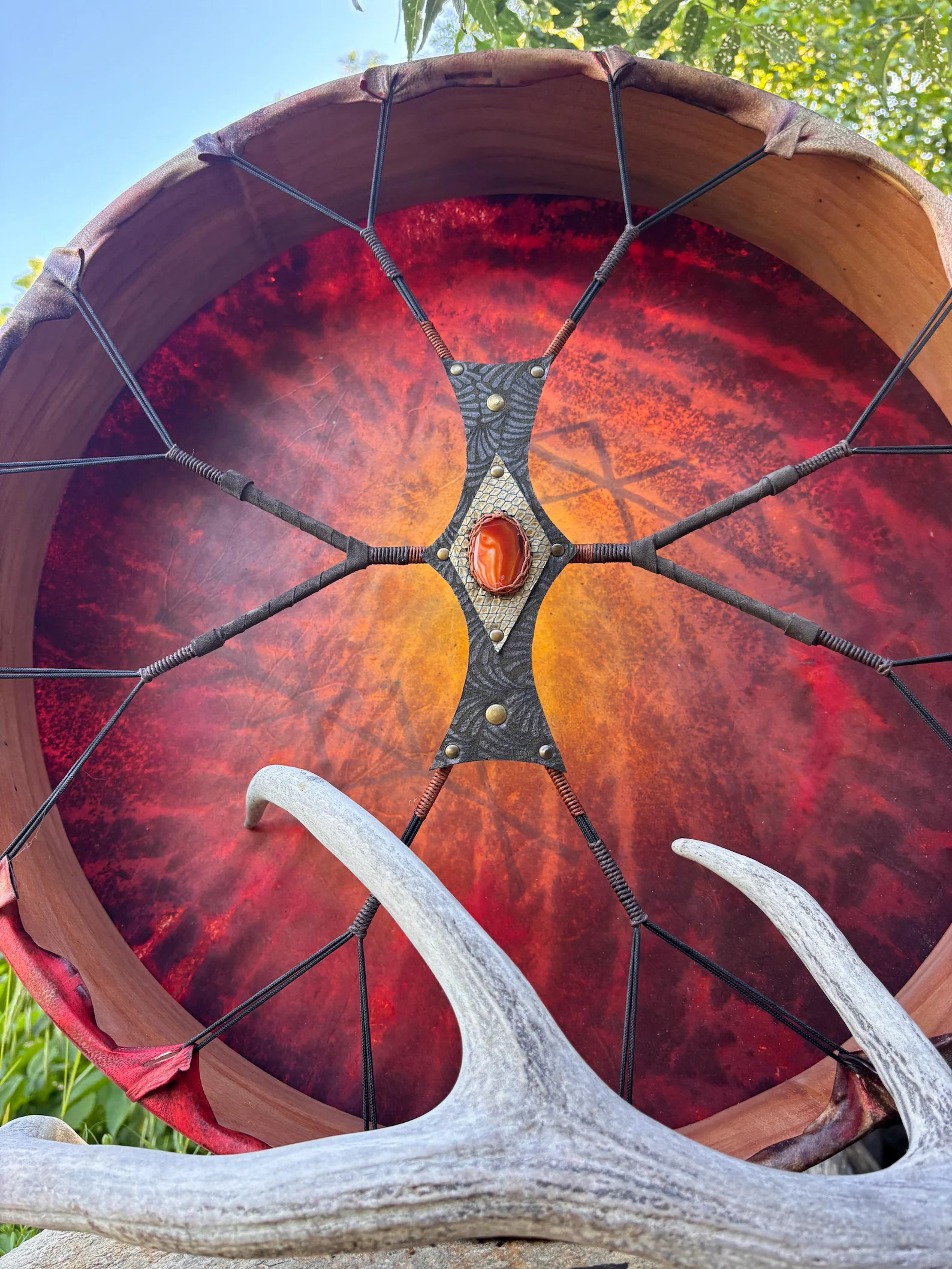 "Sun and the Moon Bind runes" 22” Shamanic Drum with Carnelian handle - Image 8