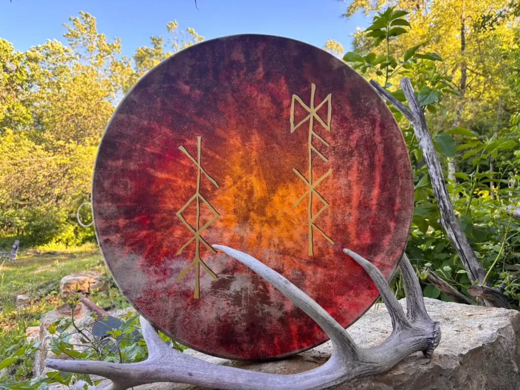 "Sun and the Moon Bind runes" 22” Shamanic Drum with Carnelian handle