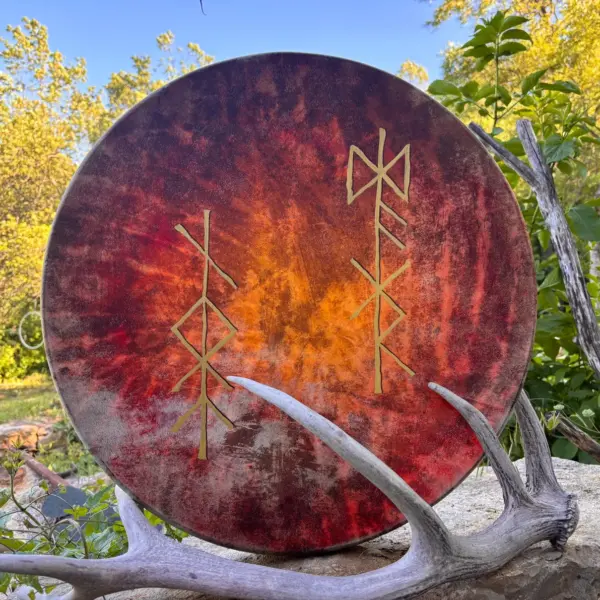 "Sun and the Moon Bind runes" 22” Shamanic Drum with Carnelian handle