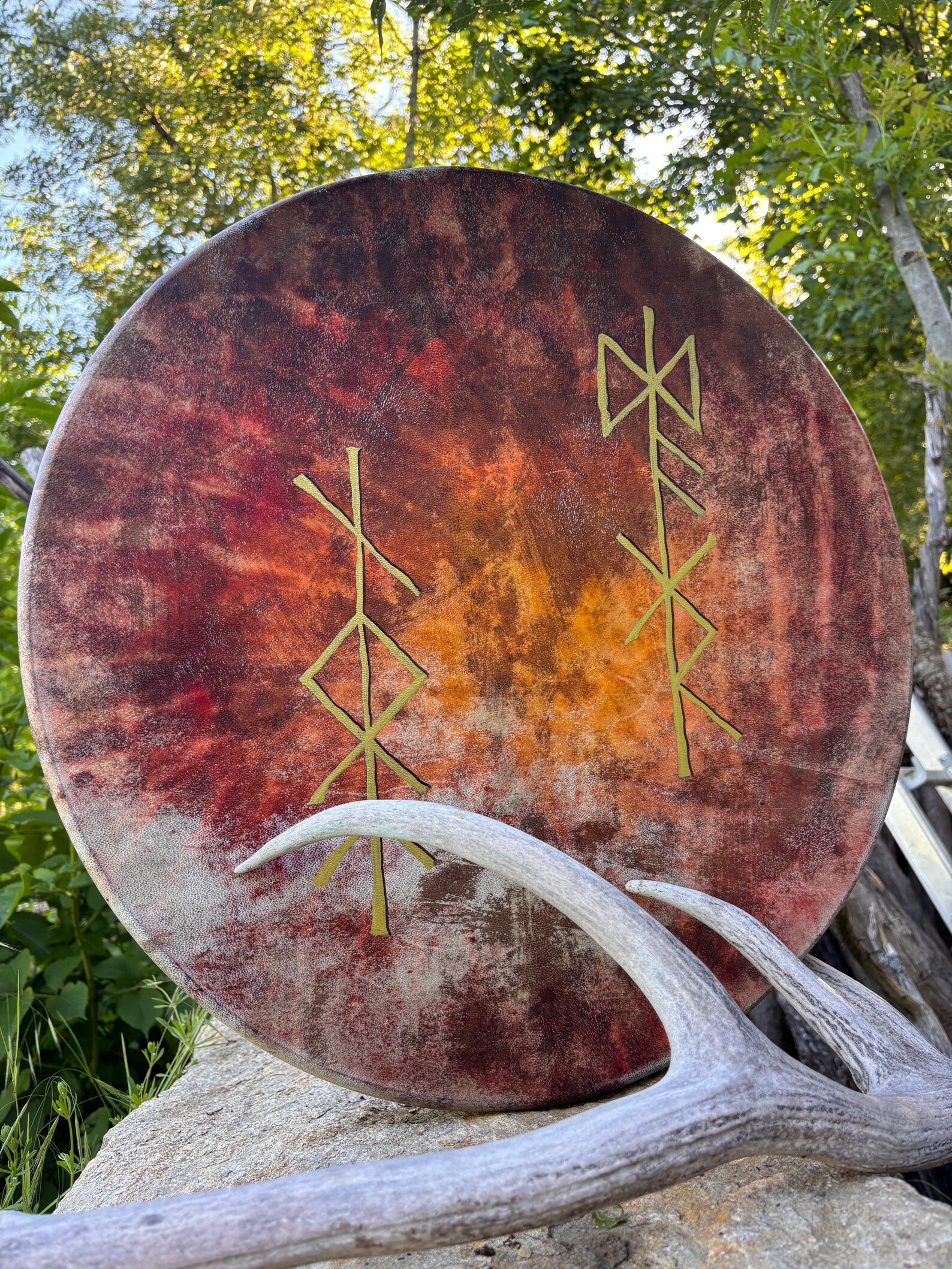 "Sun and the Moon Bind runes" 22” Shamanic Drum with Carnelian handle - Image 6
