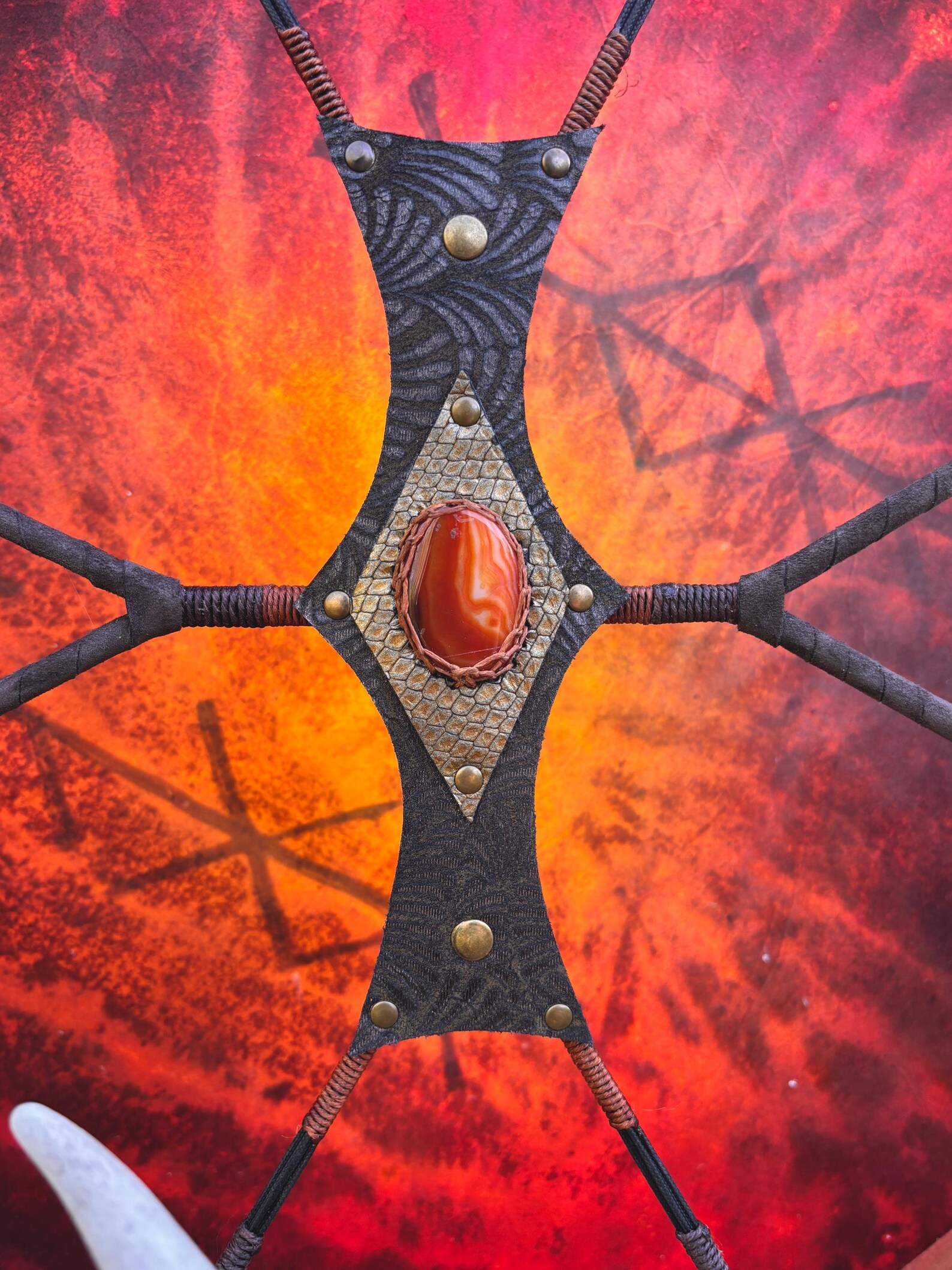 "Sun and the Moon Bind runes" 22” Shamanic Drum with Carnelian handle - Image 13