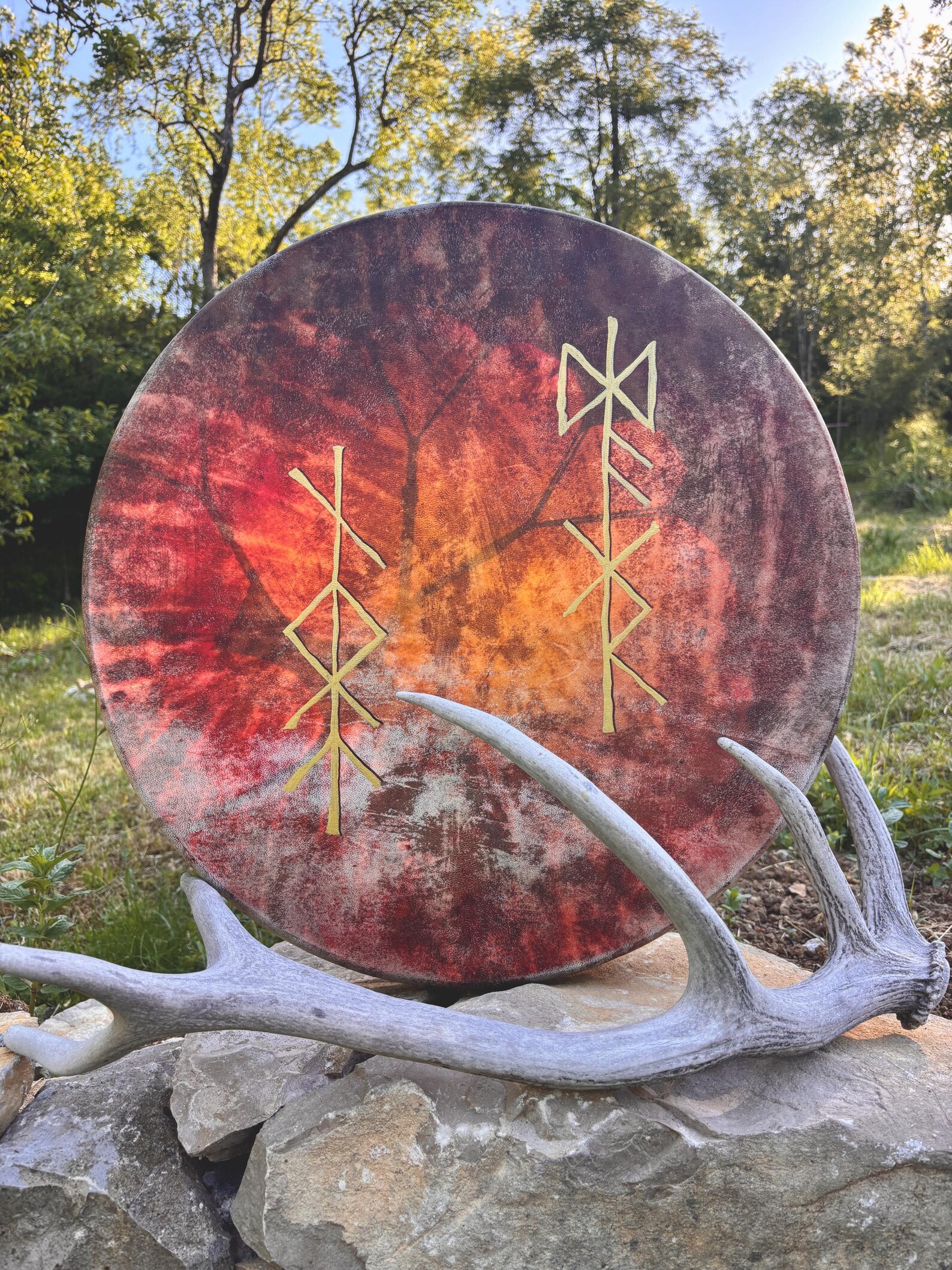 "Sun and the Moon Bind runes" 22” Shamanic Drum with Carnelian handle - Image 3