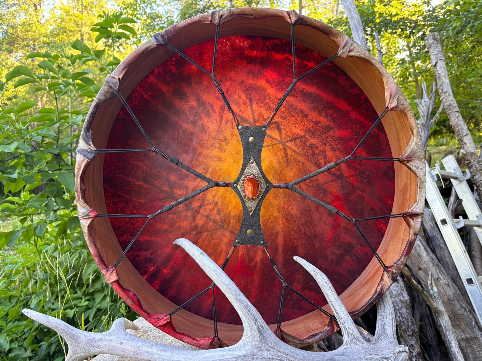 "Sun and the Moon Bind runes" 22” Shamanic Drum with Carnelian handle - Image 2