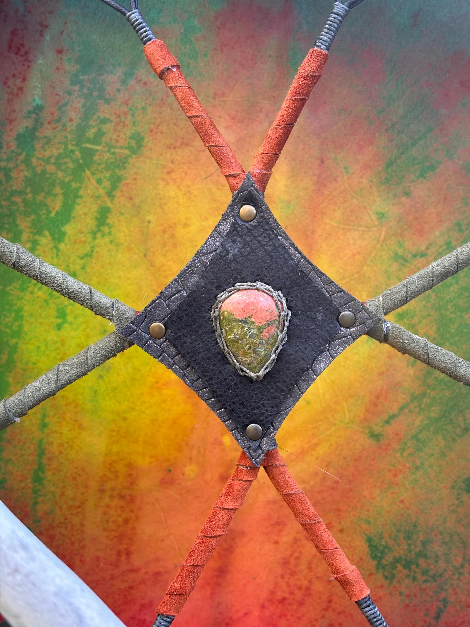 16” Ceremonial Shaman Drum — Natural Goat Hide, Cherry Wood, Unakite - Image 4