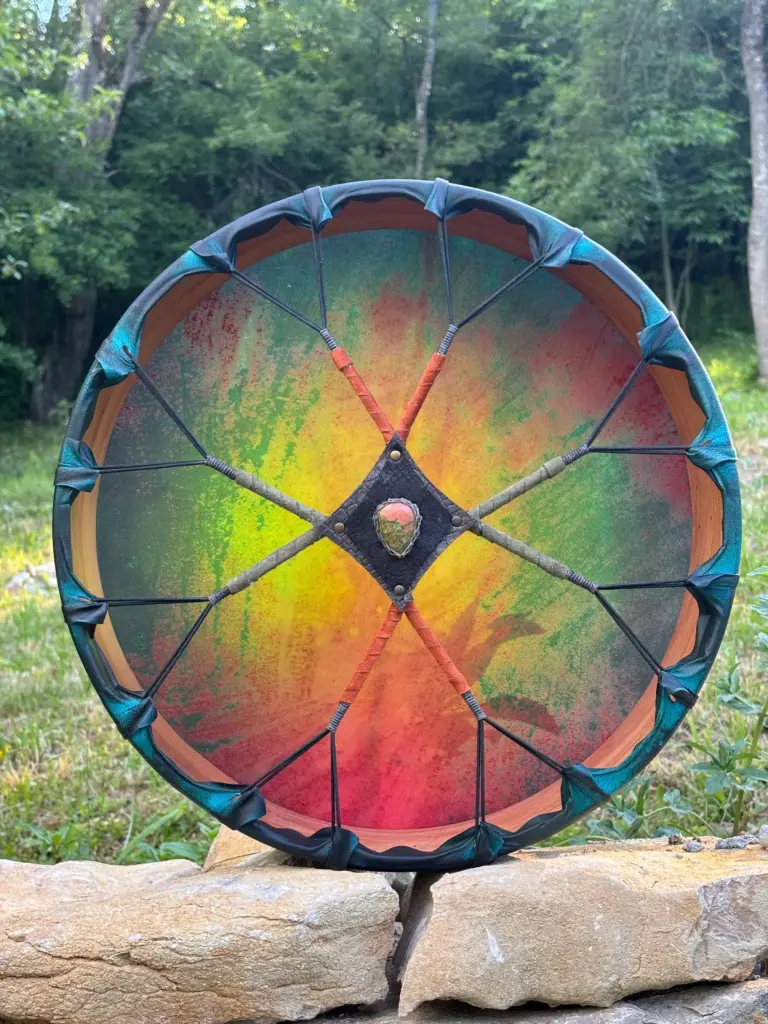 16” Ceremonial Shaman Drum — Natural Goat Hide, Cherry Wood, Unakite