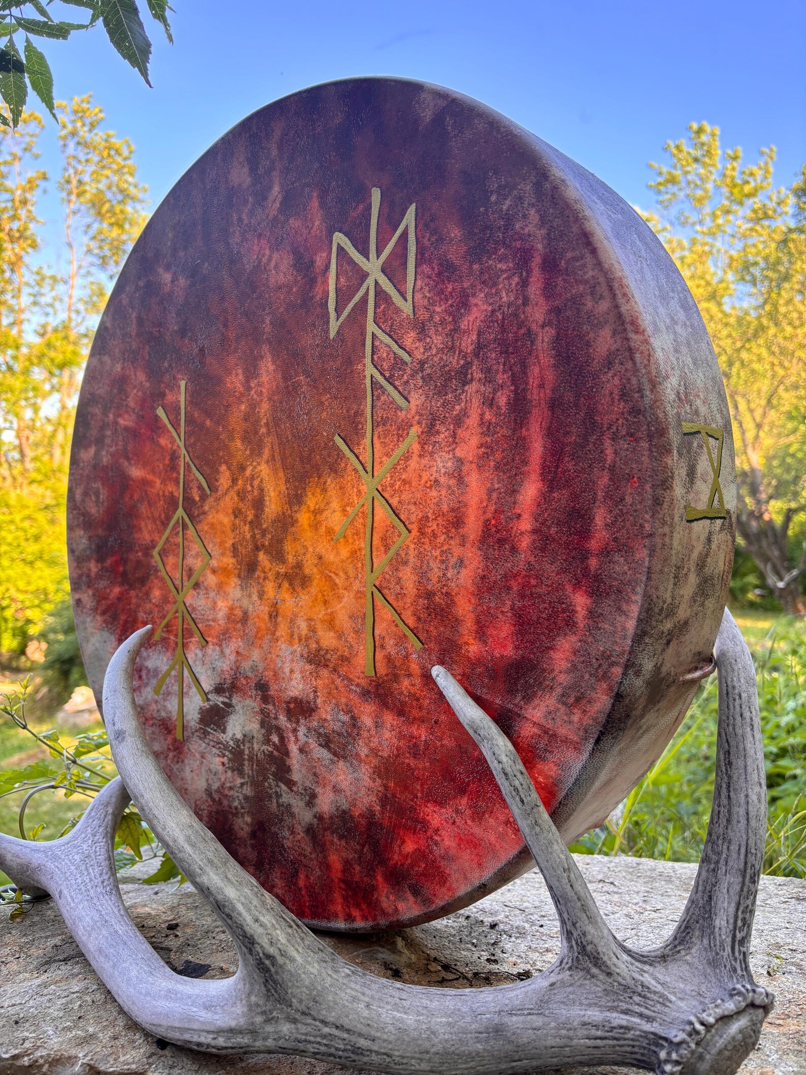"Sun and the Moon Bind runes" 22” Shamanic Drum with Carnelian handle - Image 4