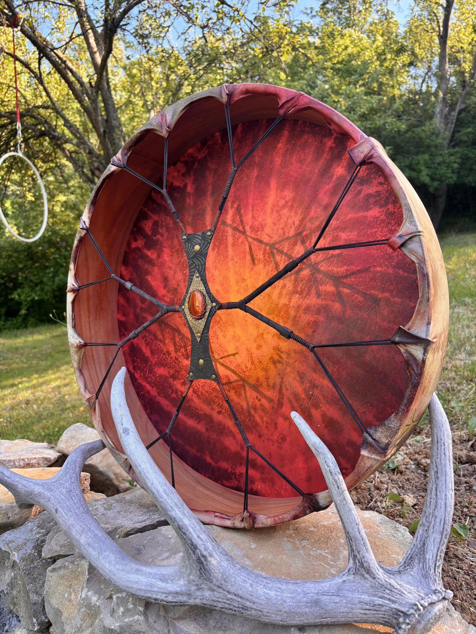 "Sun and the Moon Bind runes" 22” Shamanic Drum with Carnelian handle - Image 12