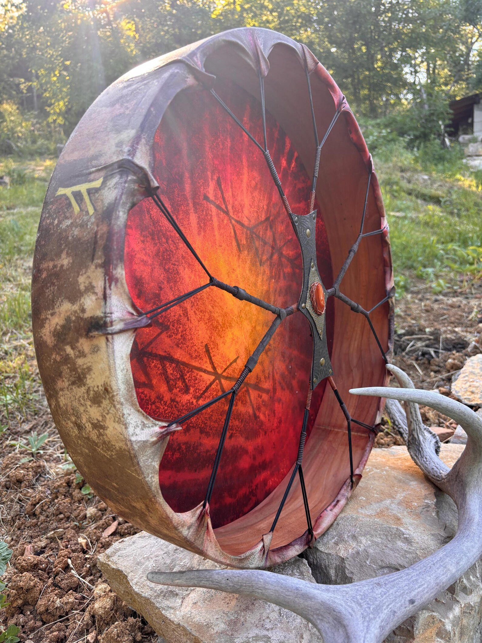 "Sun and the Moon Bind runes" 22” Shamanic Drum with Carnelian handle - Image 10