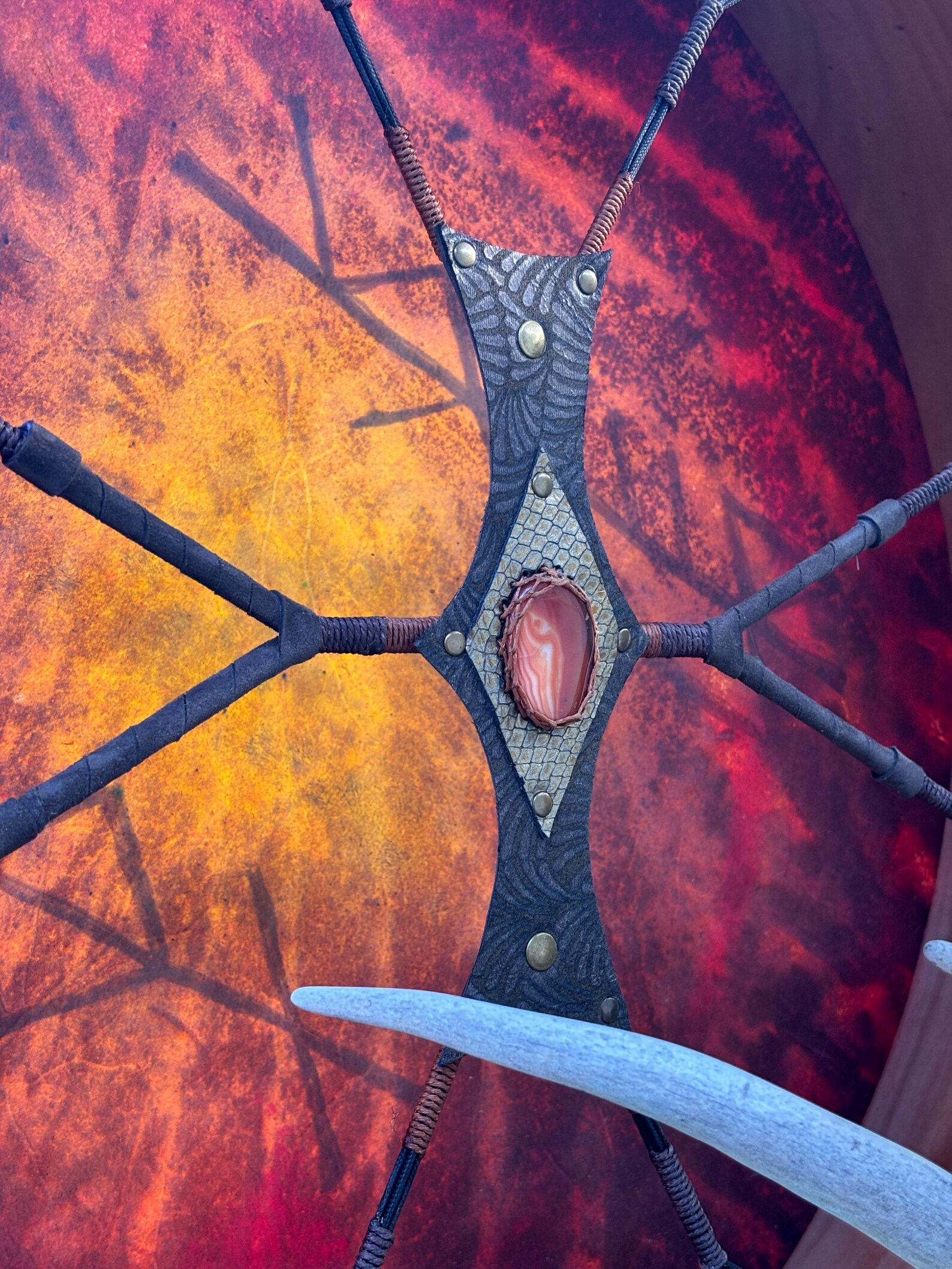 "Sun and the Moon Bind runes" 22” Shamanic Drum with Carnelian handle - Image 11