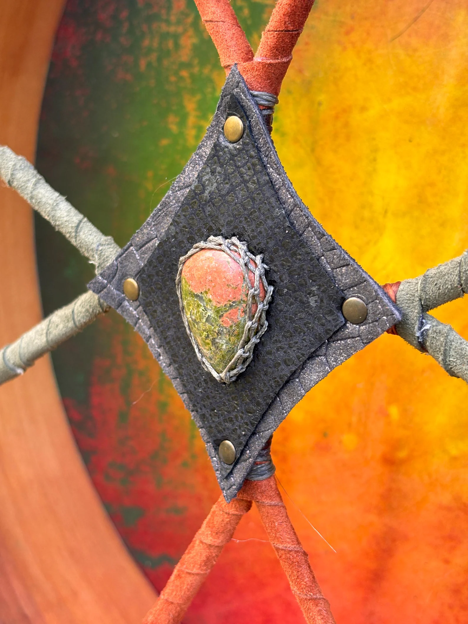 16” Ceremonial Shaman Drum — Natural Goat Hide, Cherry Wood, Unakite - Image 5