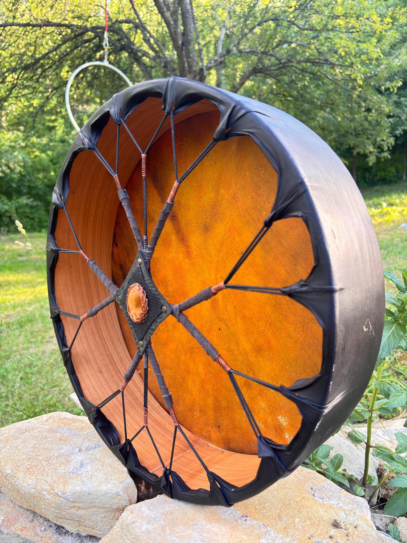 16” Ceremonial Shaman Drum — Natural Goat Hide, Cherry Wood, Carnelian - Image 2