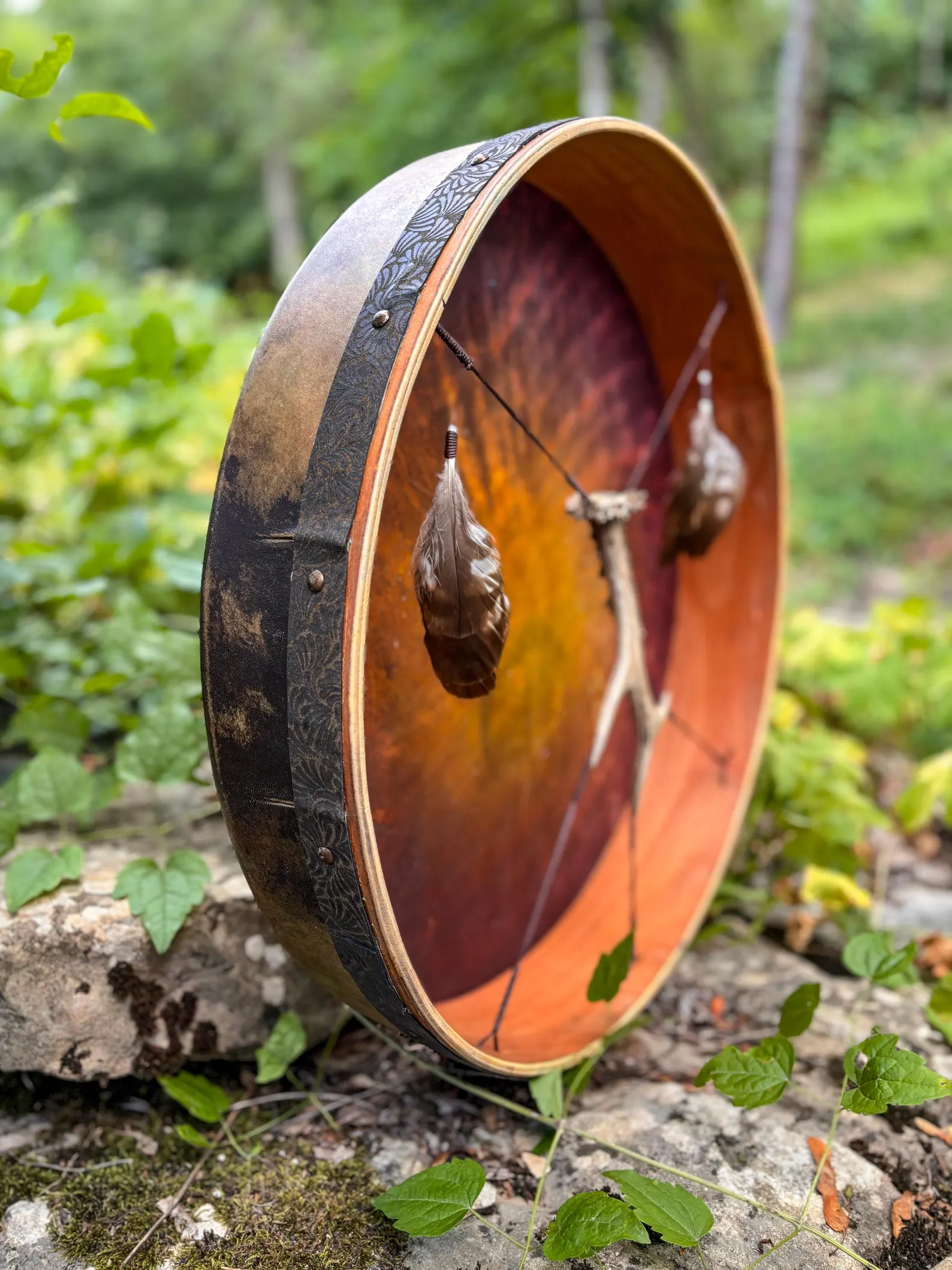 "Sun and the Moon " 22” Shamanic Drum - Deer Antler - Hawk Feathers - Image 10
