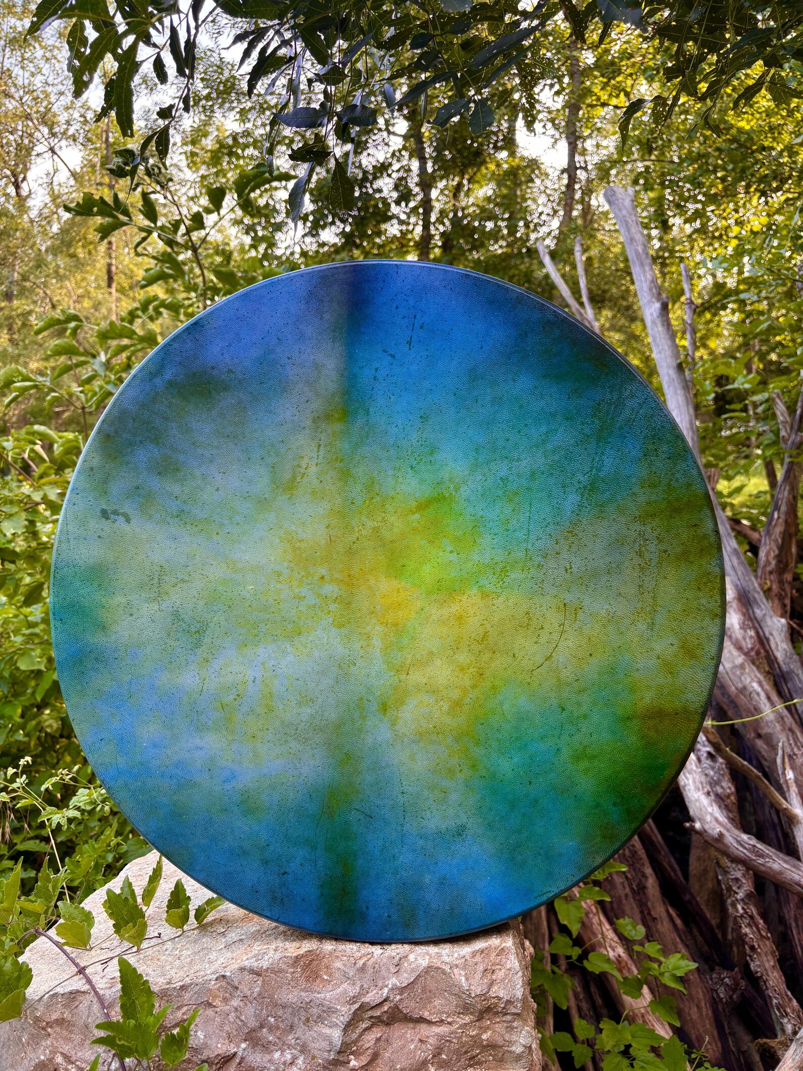 "Plava Laguna" 22” Shamanic Drum -Deer Antler - Owl Feathers - Image 6