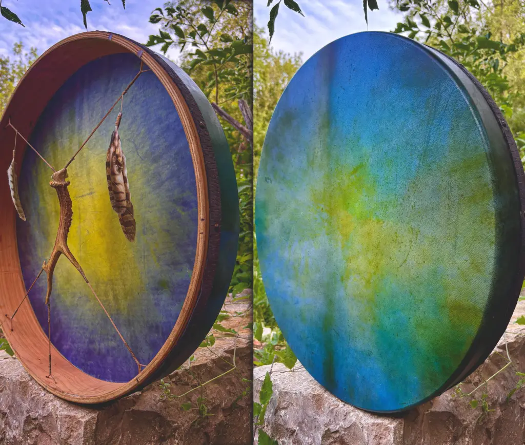 "Plava Laguna" 22” Shamanic Drum -Deer Antler - Owl Feathers