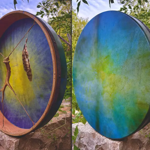 "Plava Laguna" 22” Shamanic Drum -Deer Antler - Owl Feathers