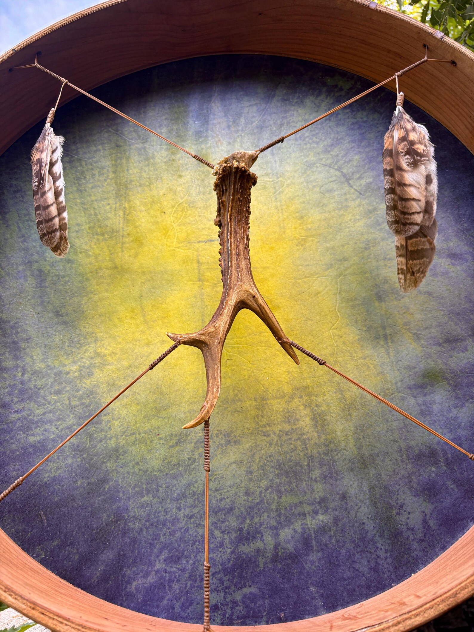 "Plava Laguna" 22” Shamanic Drum -Deer Antler - Owl Feathers - Image 5