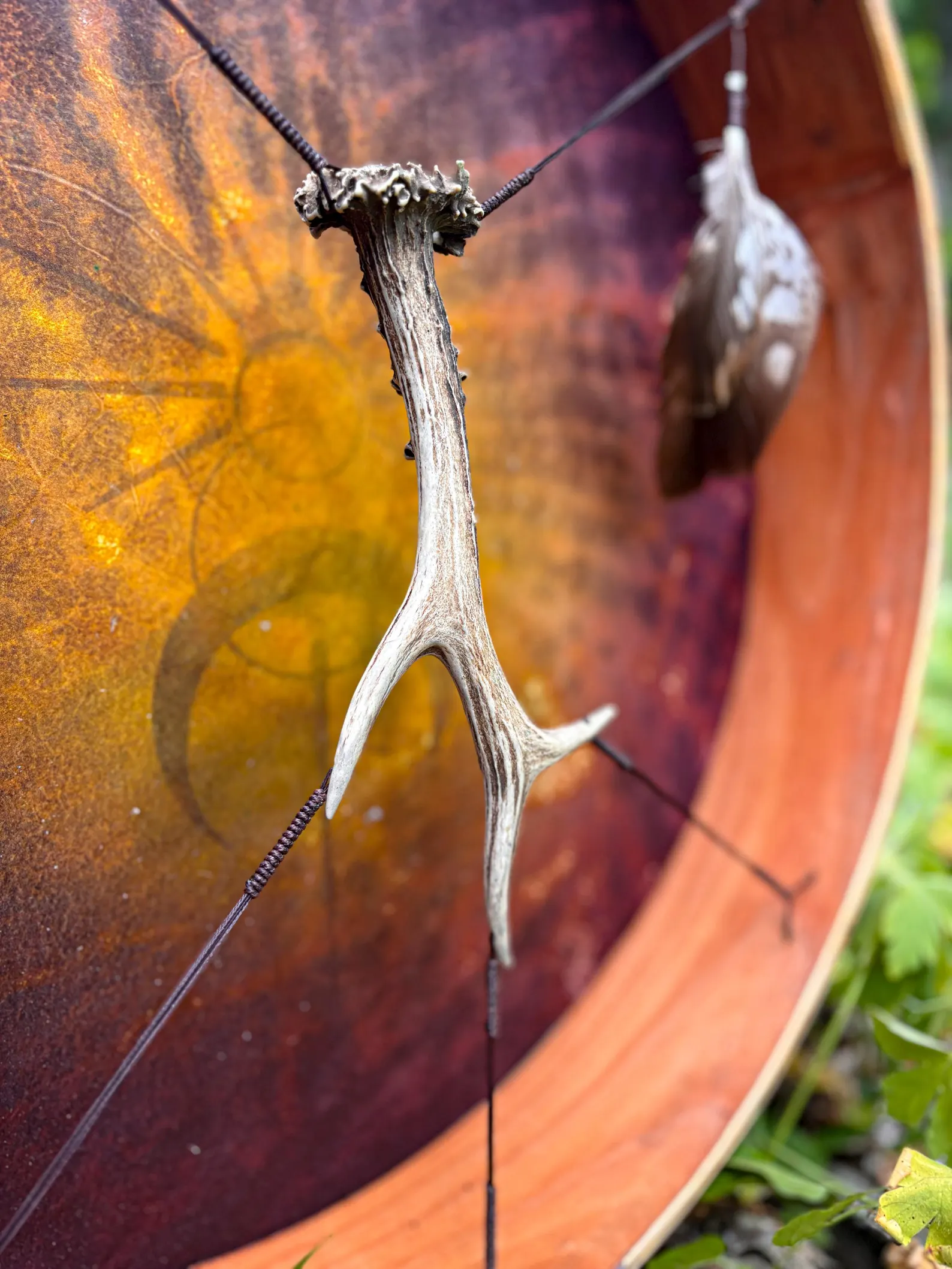 "Sun and the Moon " 22” Shamanic Drum - Deer Antler - Hawk Feathers - Image 7