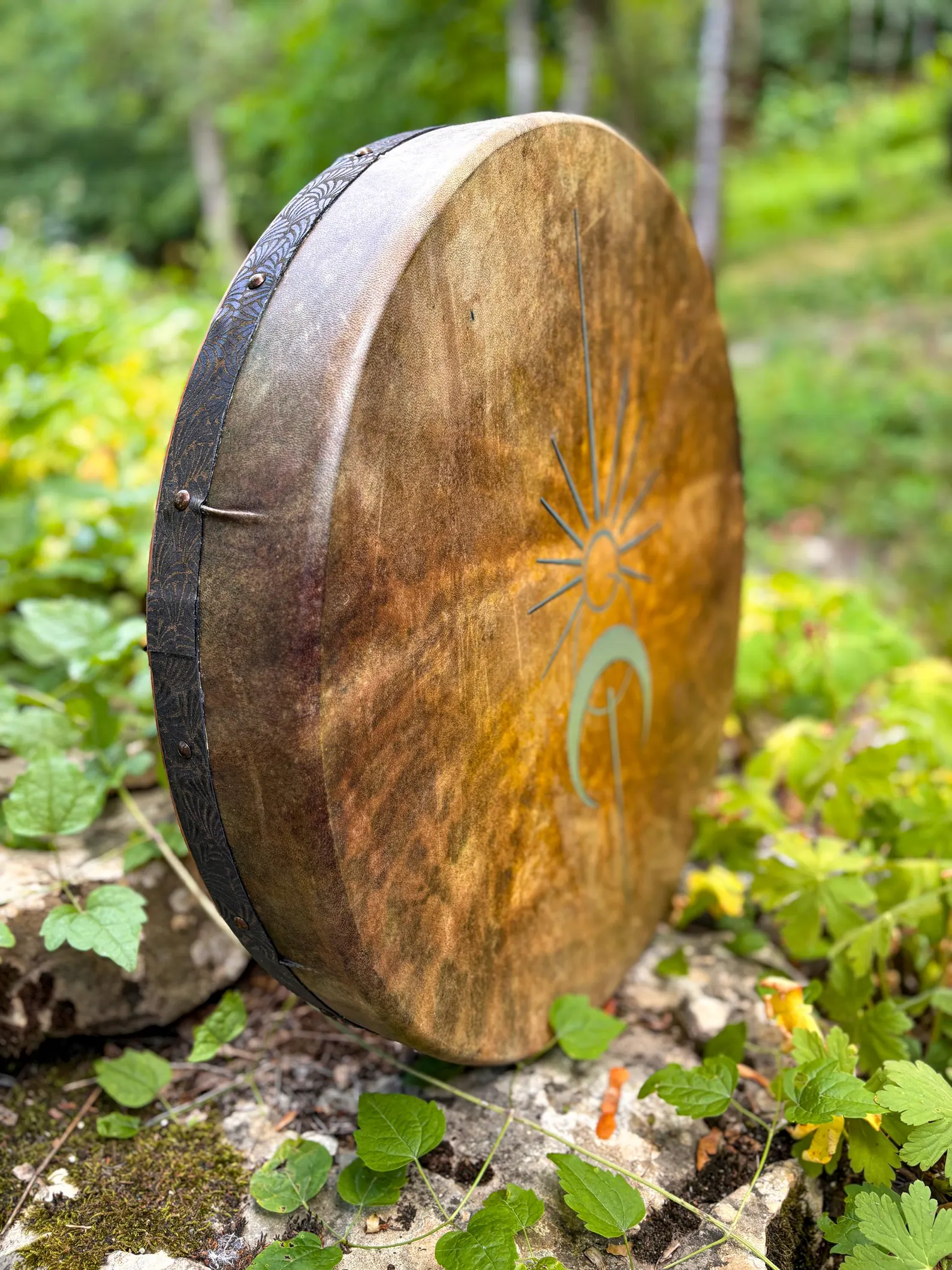 "Sun and the Moon " 22” Shamanic Drum - Deer Antler - Hawk Feathers - Image 8