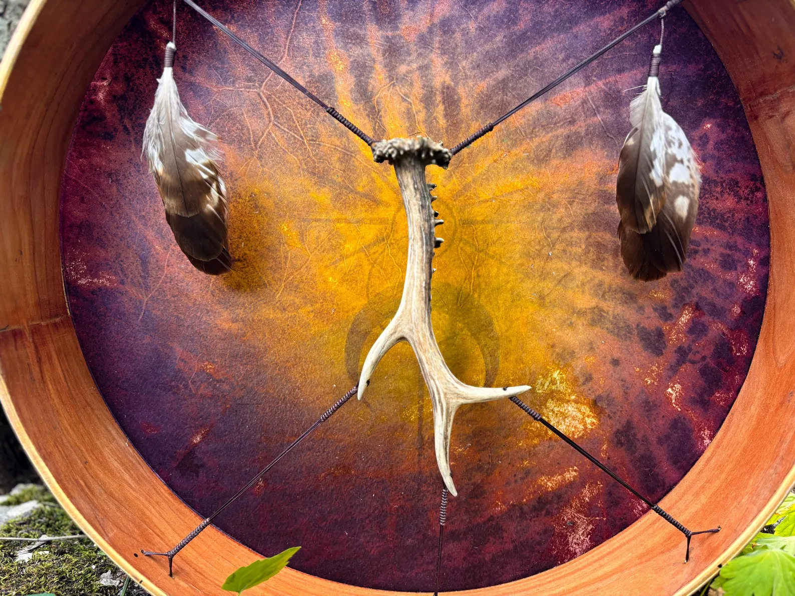 "Sun and the Moon " 22” Shamanic Drum - Deer Antler - Hawk Feathers - Image 9