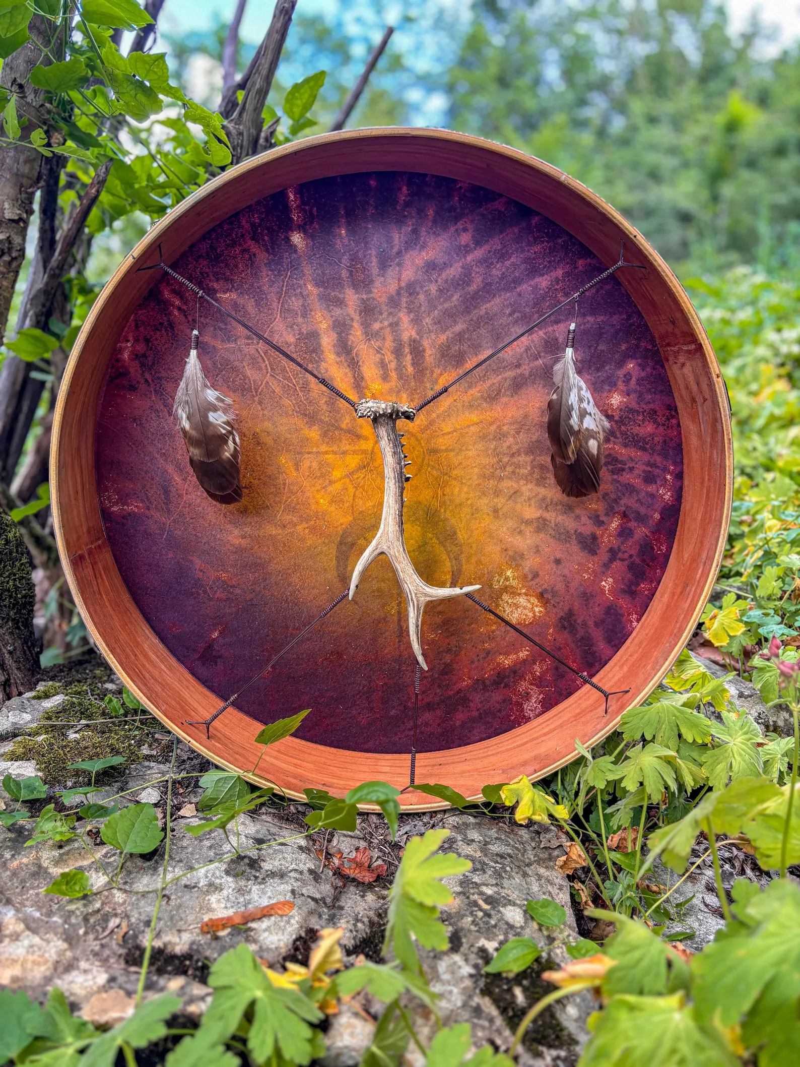 "Sun and the Moon " 22” Shamanic Drum - Deer Antler - Hawk Feathers - Image 4