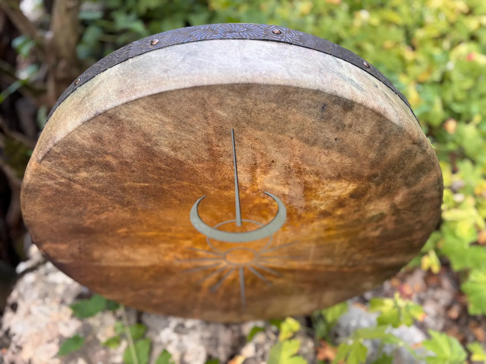 "Sun and the Moon " 22” Shamanic Drum - Deer Antler - Hawk Feathers - Image 3