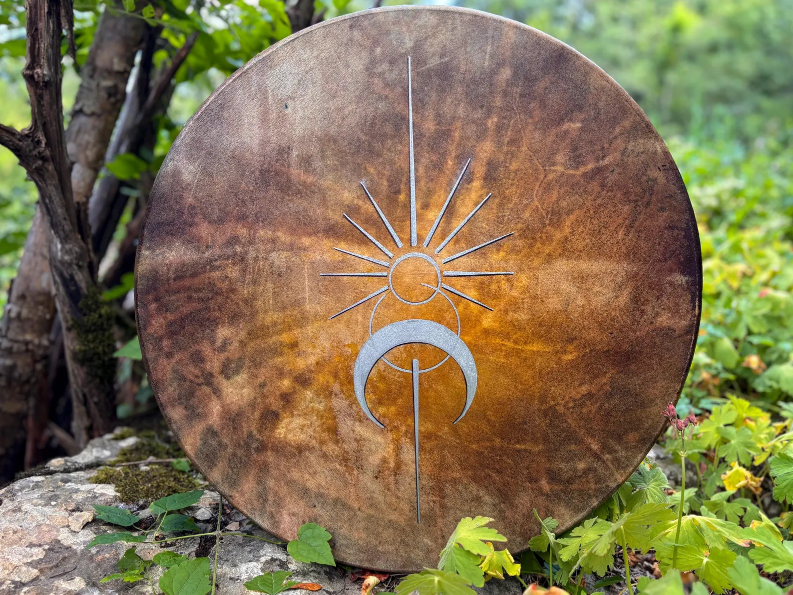 "Sun and the Moon " 22” Shamanic Drum - Deer Antler - Hawk Feathers - Image 6