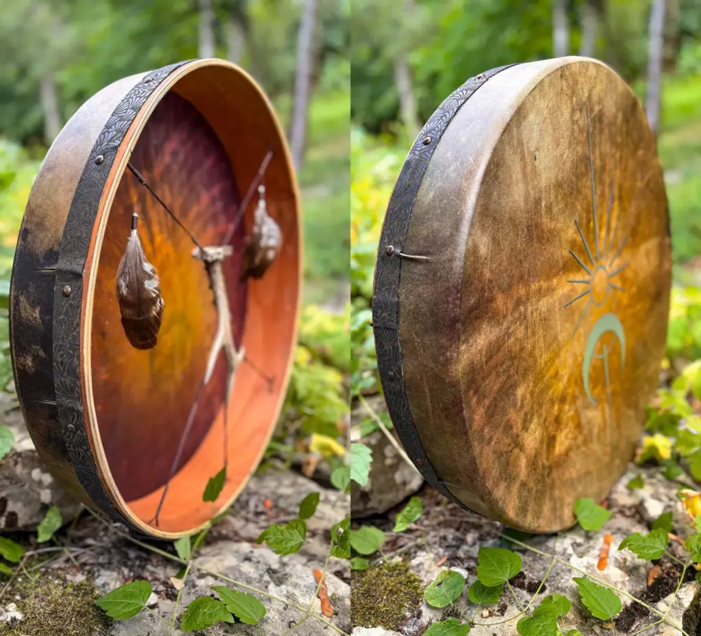 "Sun and the Moon " 22” Shamanic Drum - Deer Antler - Hawk Feathers