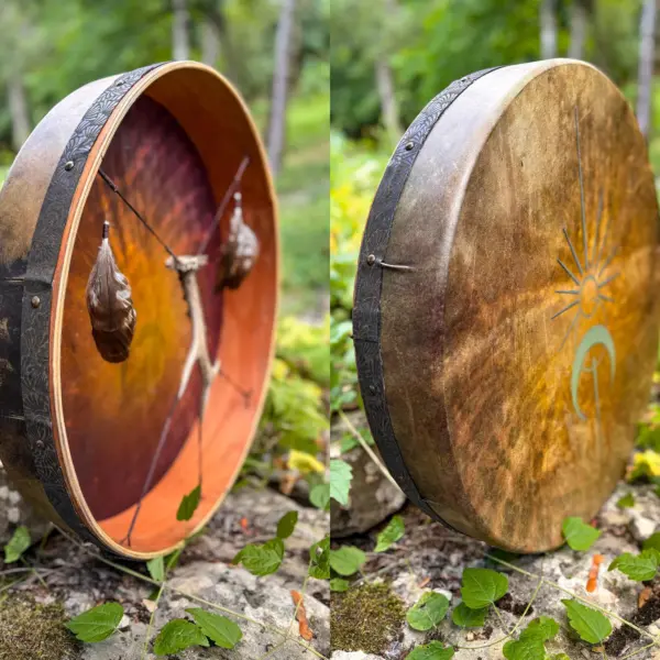 "Sun and the Moon " 22” Shamanic Drum - Deer Antler - Hawk Feathers