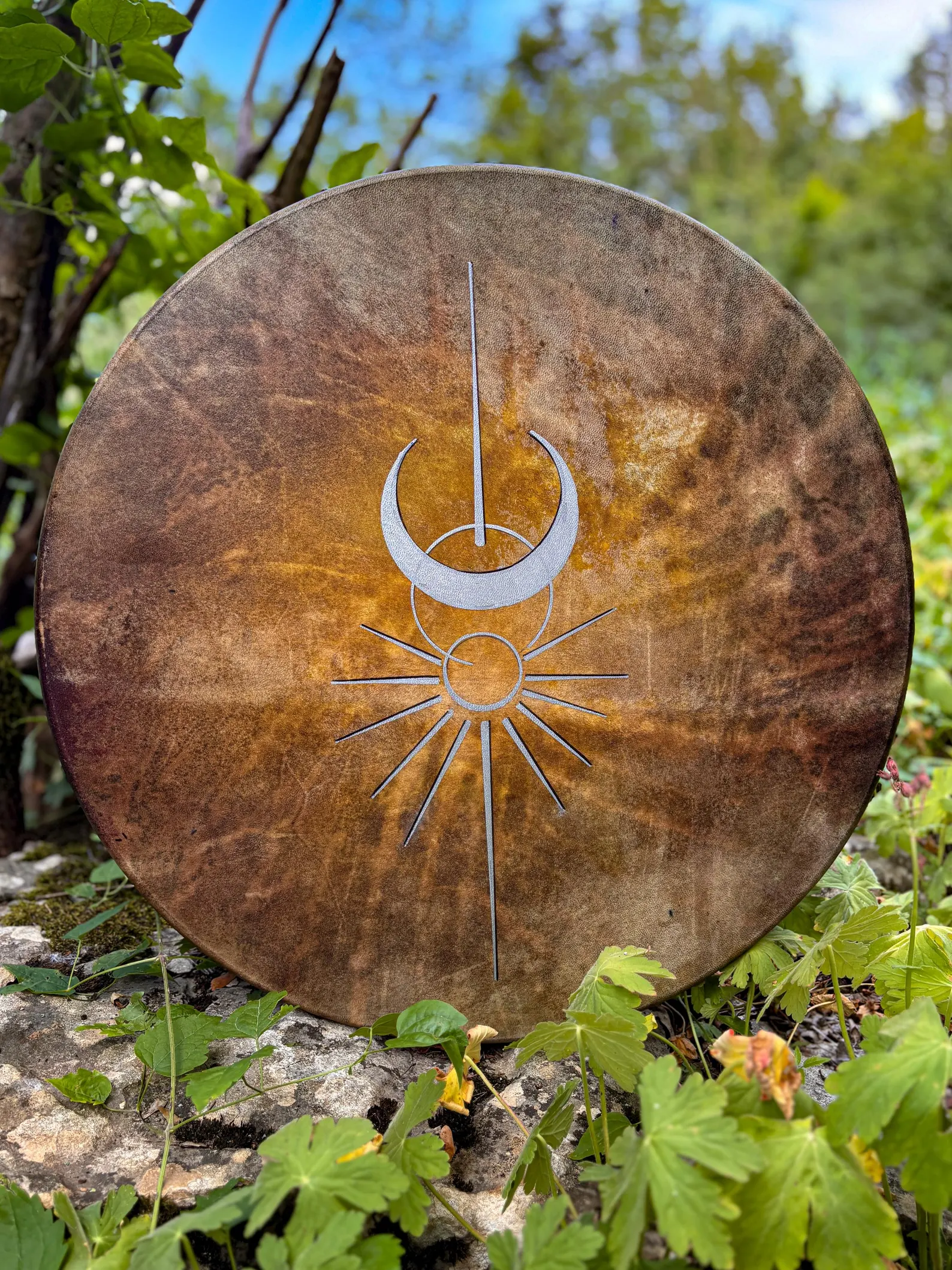 "Sun and the Moon " 22” Shamanic Drum - Deer Antler - Hawk Feathers - Image 2