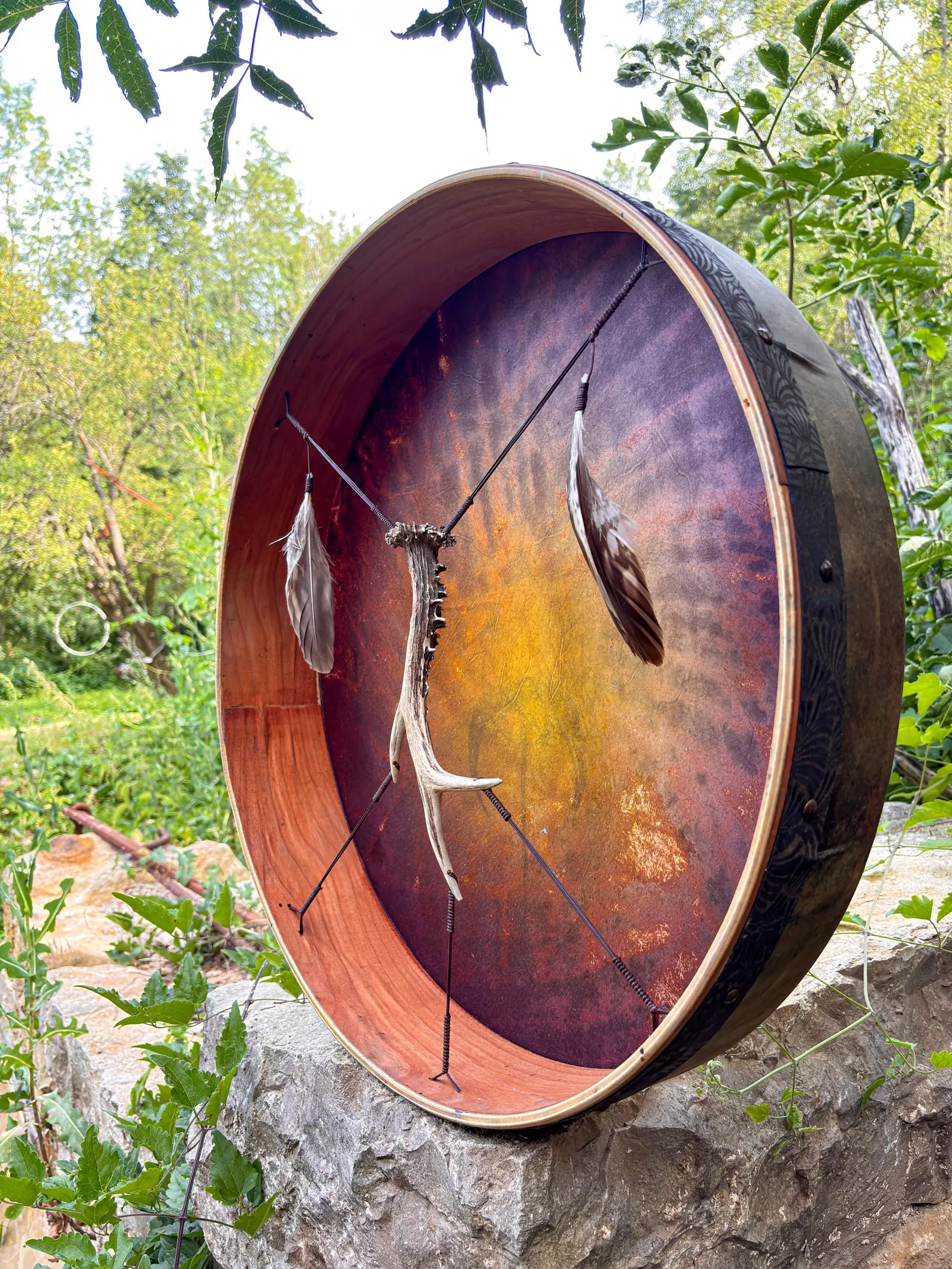"Sun and the Moon " 22” Shamanic Drum - Deer Antler - Hawk Feathers - Image 11