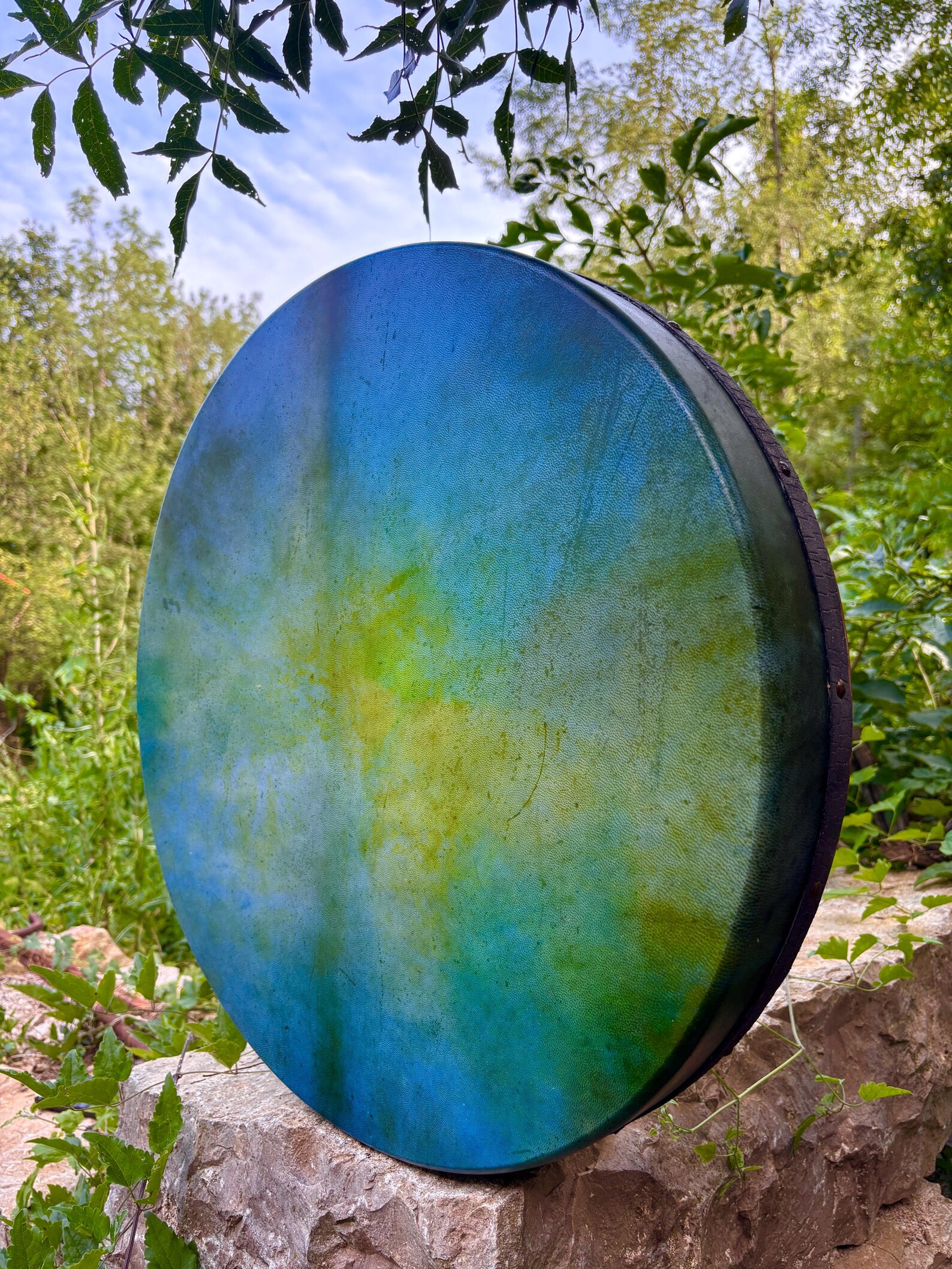 "Plava Laguna" 22” Shamanic Drum -Deer Antler - Owl Feathers - Image 2