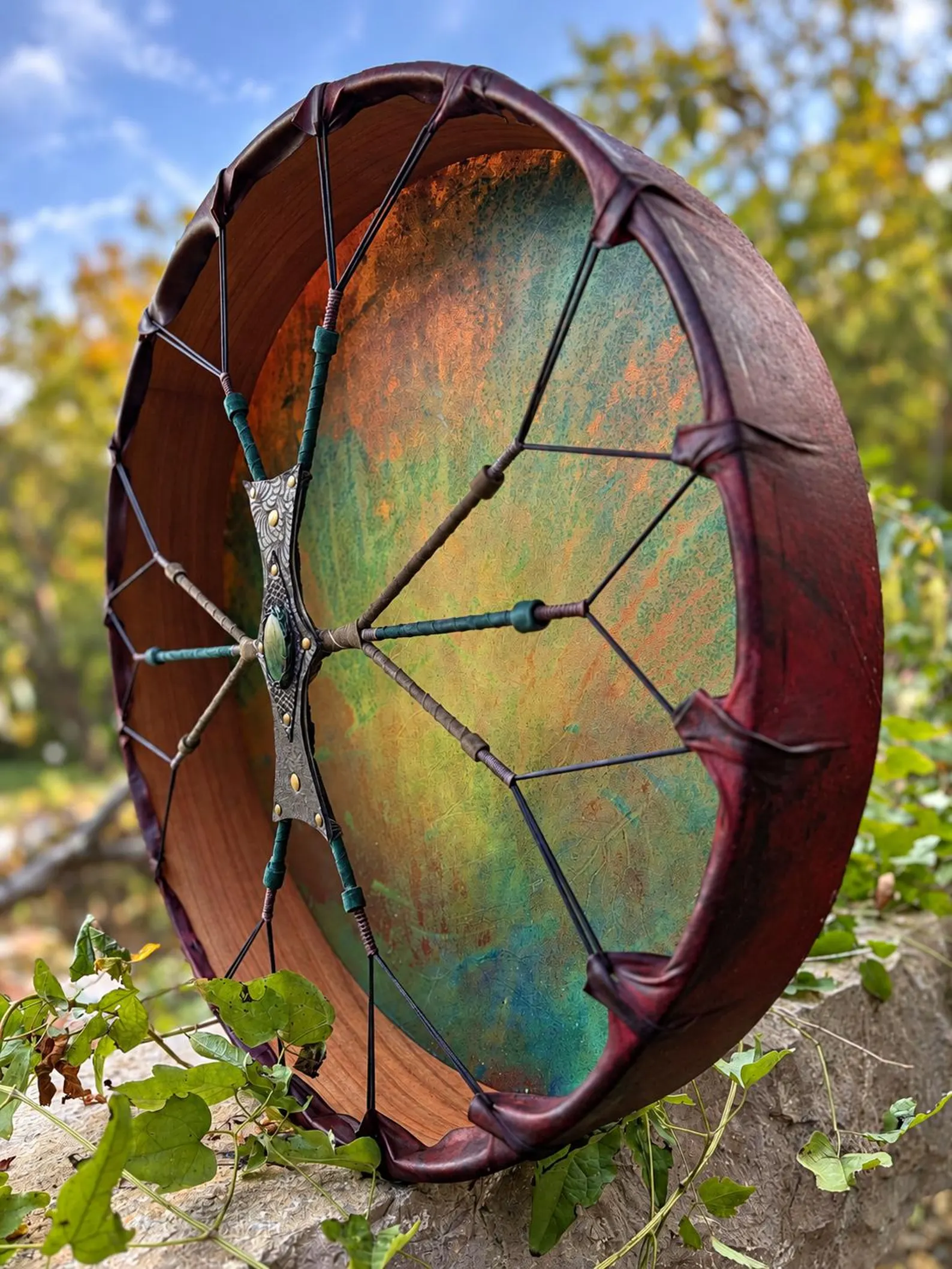 1. Goat Shaman Drum: 22' Drum, Cherry Wood Frame,Green Jade - Image 9