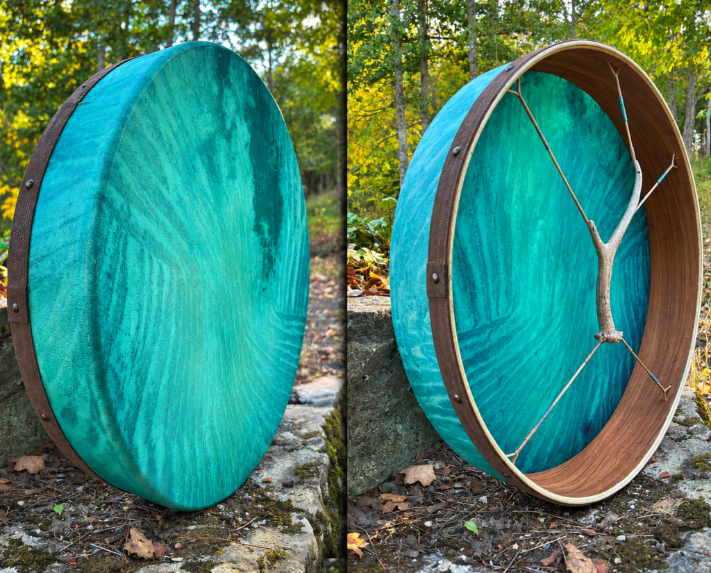 6. Handcrafted 22” Shamanic Drum in Cherry Wood with Deer Antler,