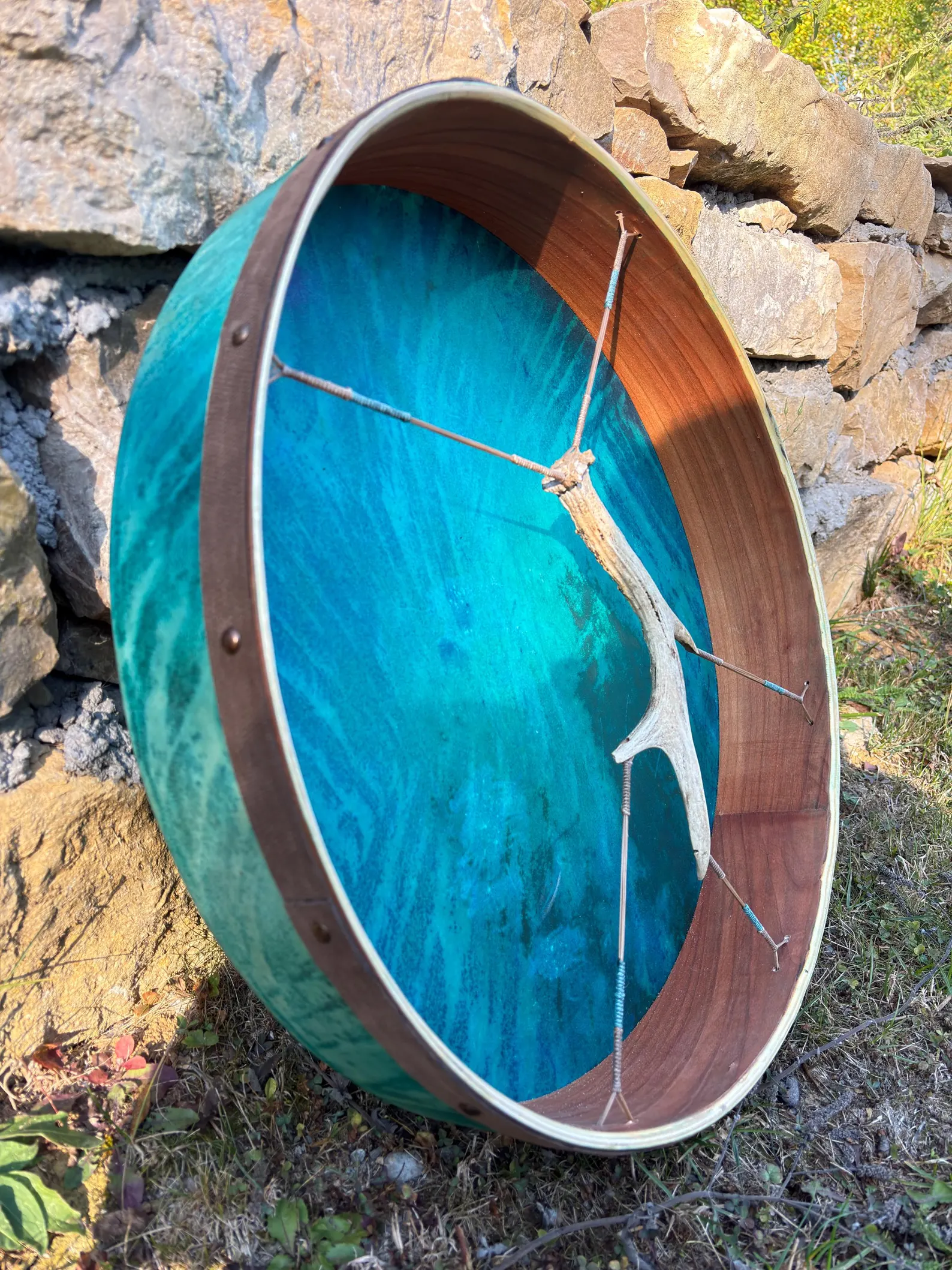 6. Handcrafted 22” Shamanic Drum in Cherry Wood with Deer Antler, - Image 7