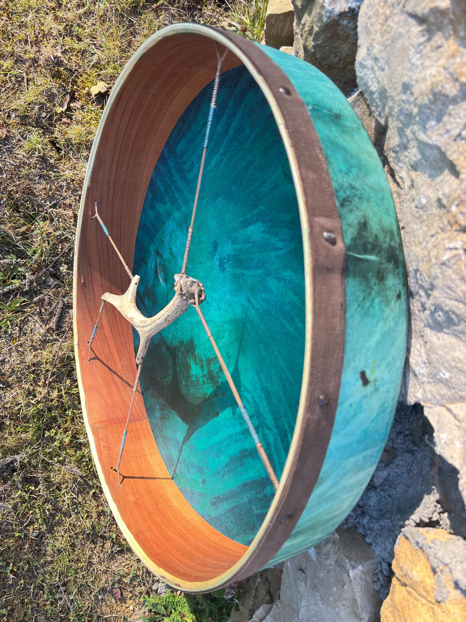 6. Handcrafted 22” Shamanic Drum in Cherry Wood with Deer Antler, - Image 3
