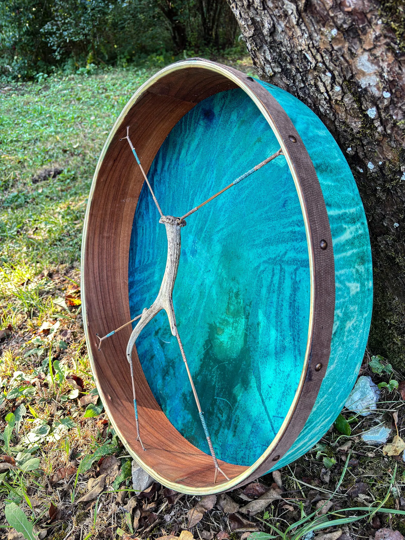 6. Handcrafted 22” Shamanic Drum in Cherry Wood with Deer Antler, - Image 6