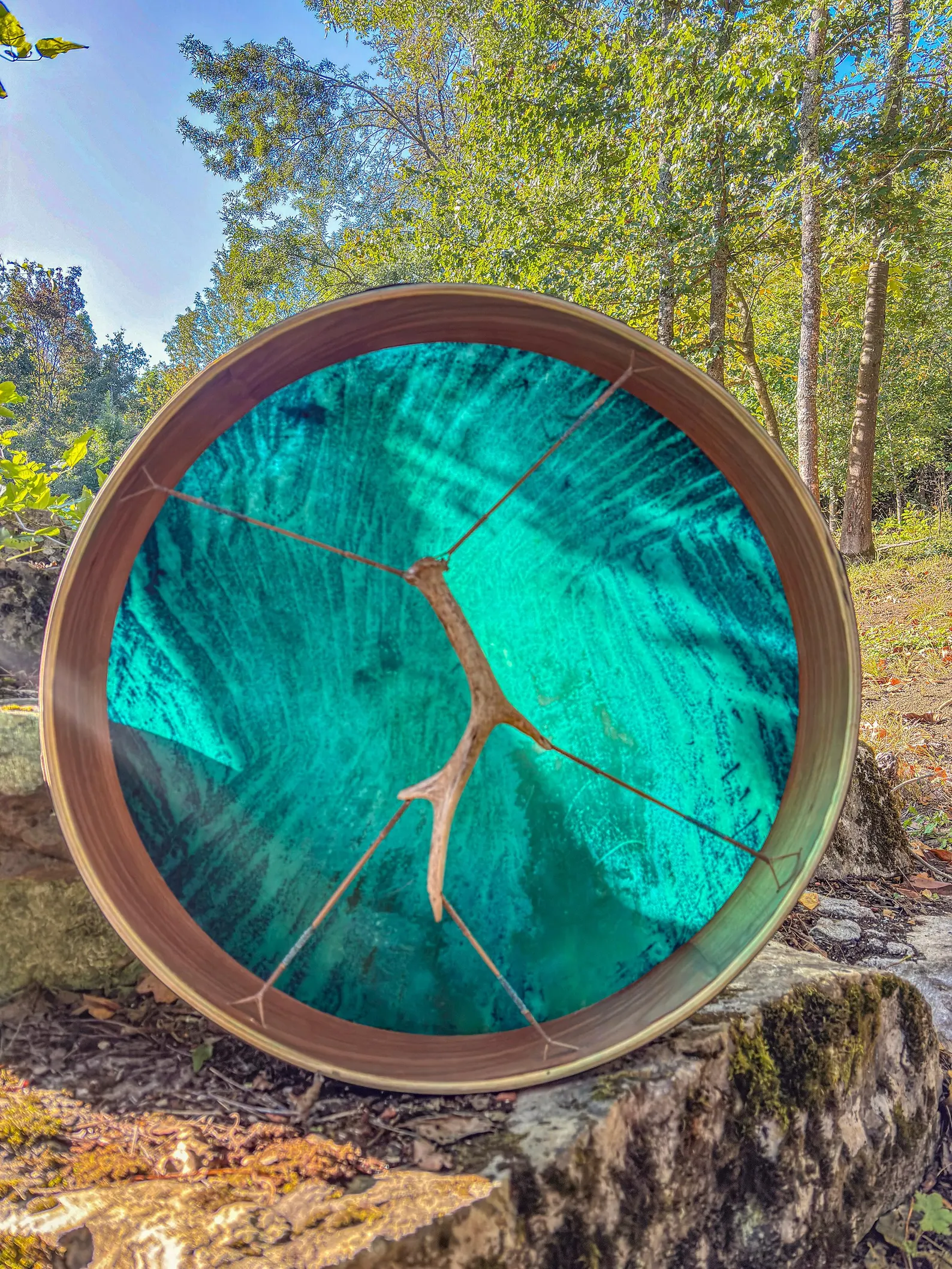 6. Handcrafted 22” Shamanic Drum in Cherry Wood with Deer Antler, - Image 2