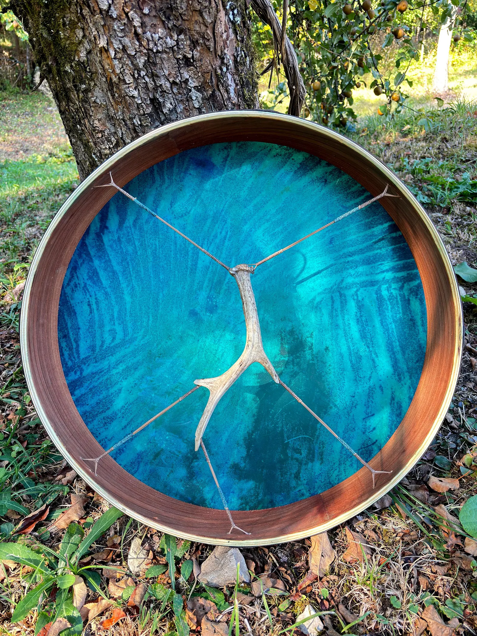 6. Handcrafted 22” Shamanic Drum in Cherry Wood with Deer Antler, - Image 9
