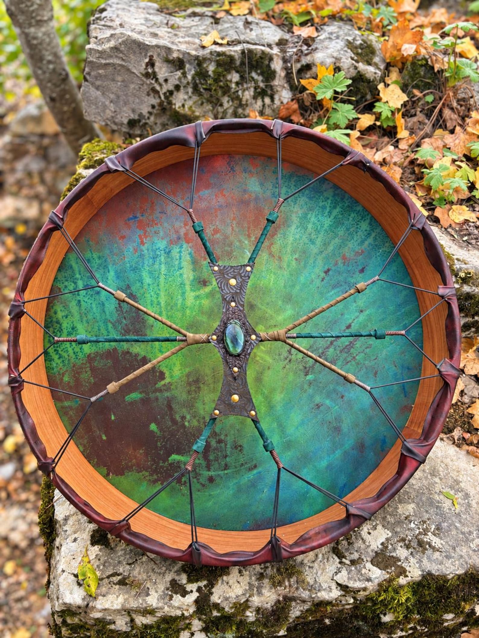 1. Goat Shaman Drum: 22' Drum, Cherry Wood Frame,Green Jade - Image 7